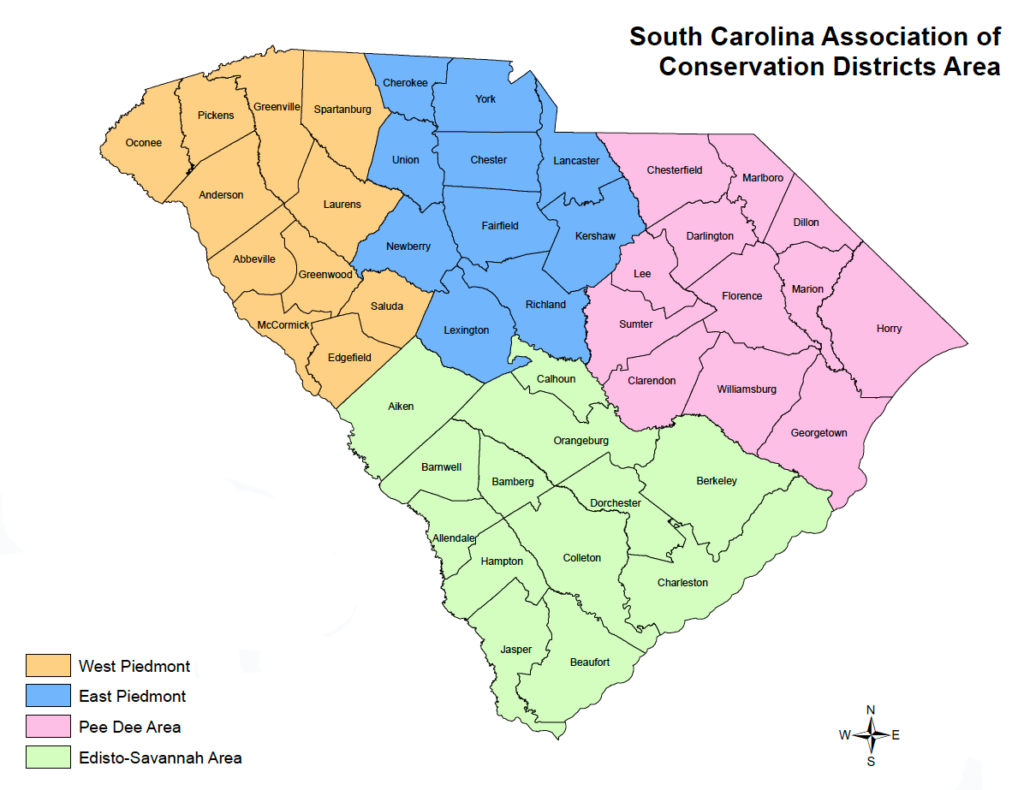 SC is divided into 4 regions. East Piedmont, West Piedmont, Pee Dee, and Edisto Savannah. Map outlines all areas.